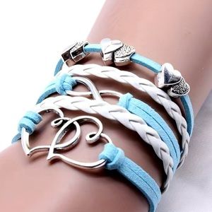 Light Blue & White Leather Multi Layer Double Heart Infinity Bracelet